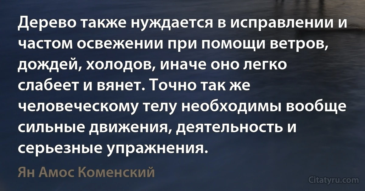 Дерево также нуждается в исправлении и частом освежении при помощи ветров, дождей, холодов, иначе оно легко слабеет и вянет. Точно так же человеческому телу необходимы вообще сильные движения, деятельность и серьезные упражнения. (Ян Амос Коменский)