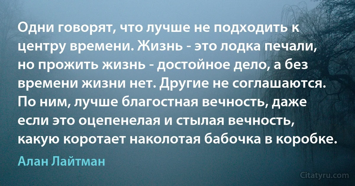 Одни говорят, что лучше не подходить к центру времени. Жизнь - это лодка печали, но прожить жизнь - достойное дело, а без времени жизни нет. Другие не соглашаются. По ним, лучше благостная вечность, даже если это оцепенелая и стылая вечность, какую коротает наколотая бабочка в коробке. (Алан Лайтман)