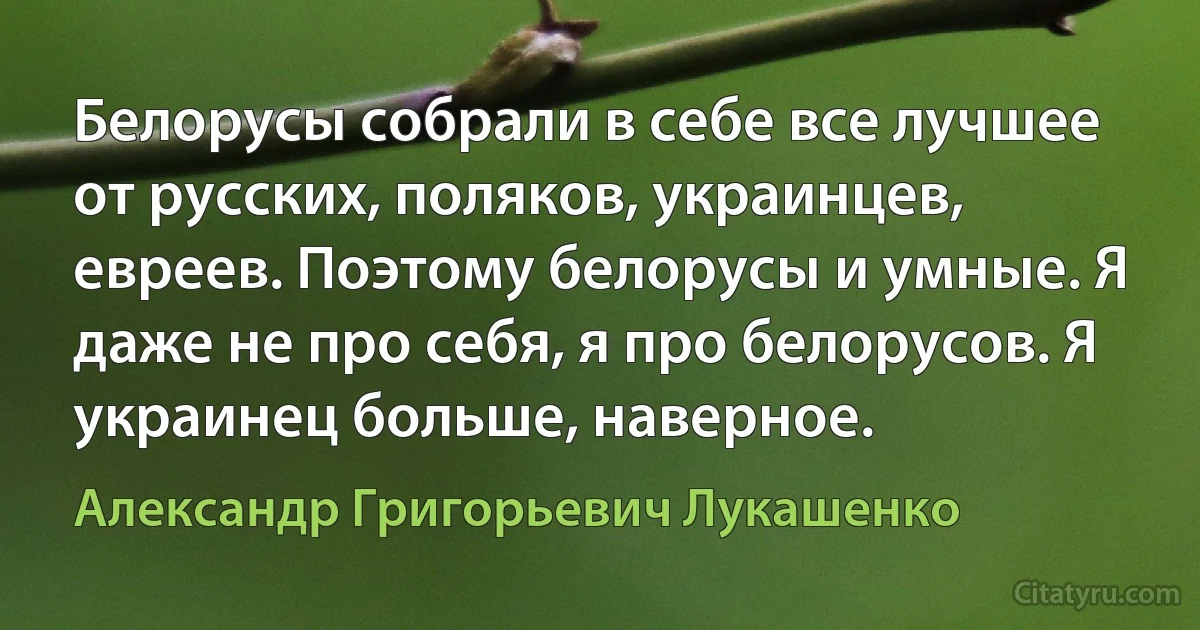 Белорусы собрали в себе все лучшее от русских, поляков, украинцев, евреев. Поэтому белорусы и умные. Я даже не про себя, я про белорусов. Я украинец больше, наверное. (Александр Григорьевич Лукашенко)