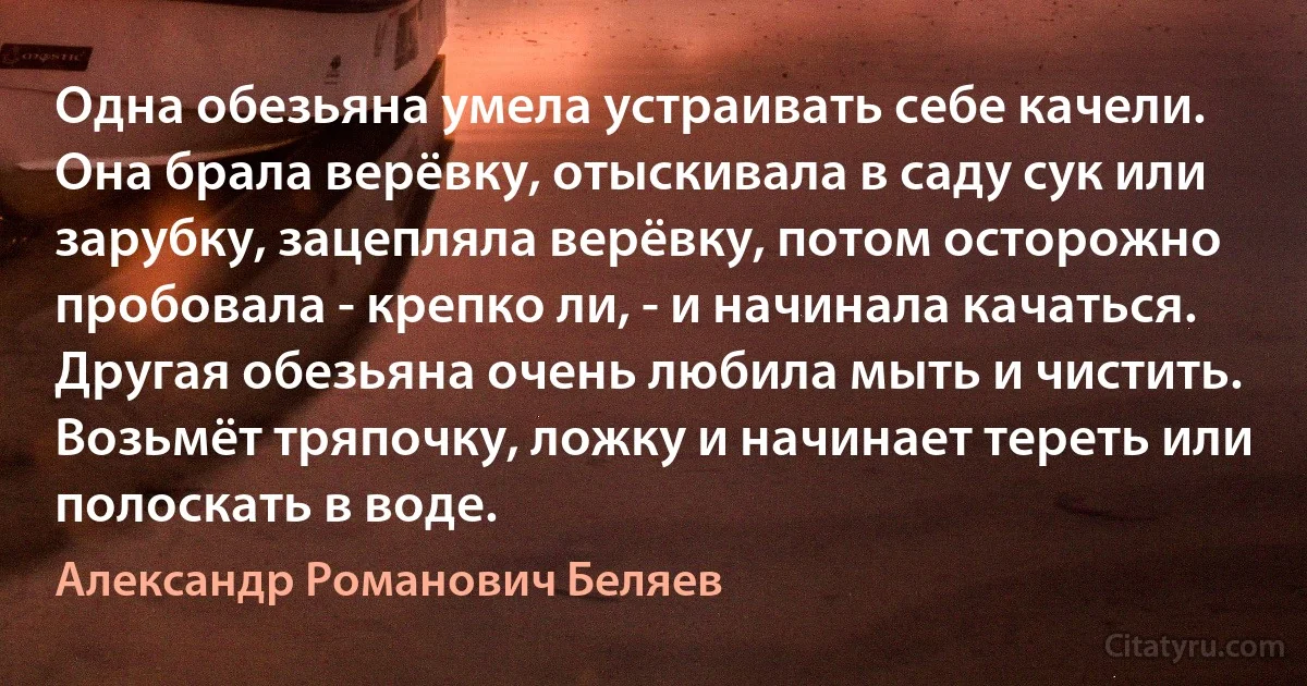 Одна обезьяна умела устраивать себе качели. Она брала верёвку, отыскивала в саду сук или зарубку, зацепляла верёвку, потом осторожно пробовала - крепко ли, - и начинала качаться.
Другая обезьяна очень любила мыть и чистить. Возьмёт тряпочку, ложку и начинает тереть или полоскать в воде. (Александр Романович Беляев)