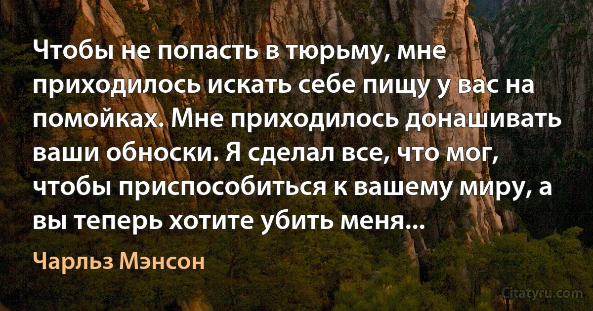 Чтобы не попасть в тюрьму, мне приходилось искать себе пищу у вас на помойках. Мне приходилось донашивать ваши обноски. Я сделал все, что мог, чтобы приспособиться к вашему миру, а вы теперь хотите убить меня... (Чарльз Мэнсон)