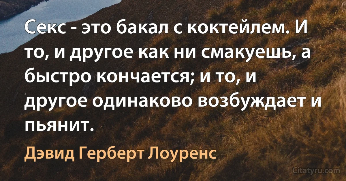 Секс - это бакал с коктейлем. И то, и другое как ни смакуешь, а быстро кончается; и то, и другое одинаково возбуждает и пьянит. (Дэвид Герберт Лоуренс)