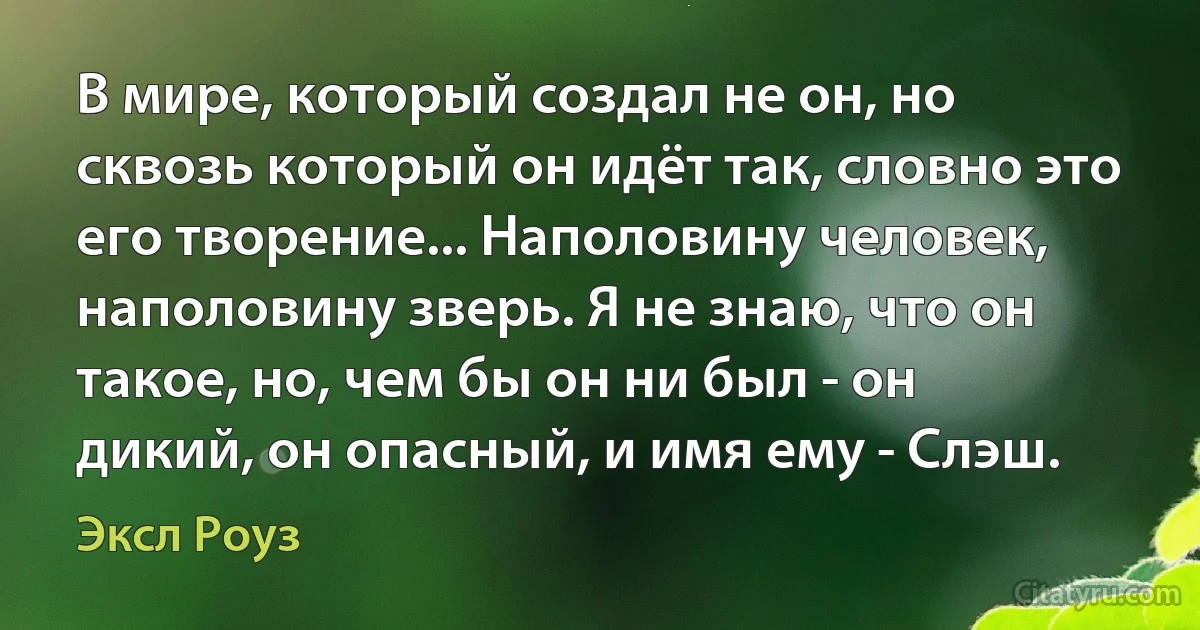 В мире, который создал не он, но сквозь который он идёт так, словно это его творение... Наполовину человек, наполовину зверь. Я не знаю, что он такое, но, чем бы он ни был - он дикий, он опасный, и имя ему - Слэш. (Эксл Роуз)