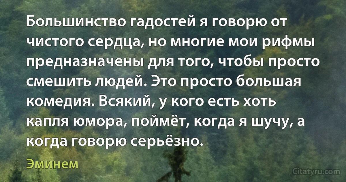 Большинство гадостей я говорю от чистого сердца, но многие мои рифмы предназначены для того, чтобы просто смешить людей. Это просто большая комедия. Всякий, у кого есть хоть капля юмора, поймёт, когда я шучу, а когда говорю серьёзно. (Эминем)