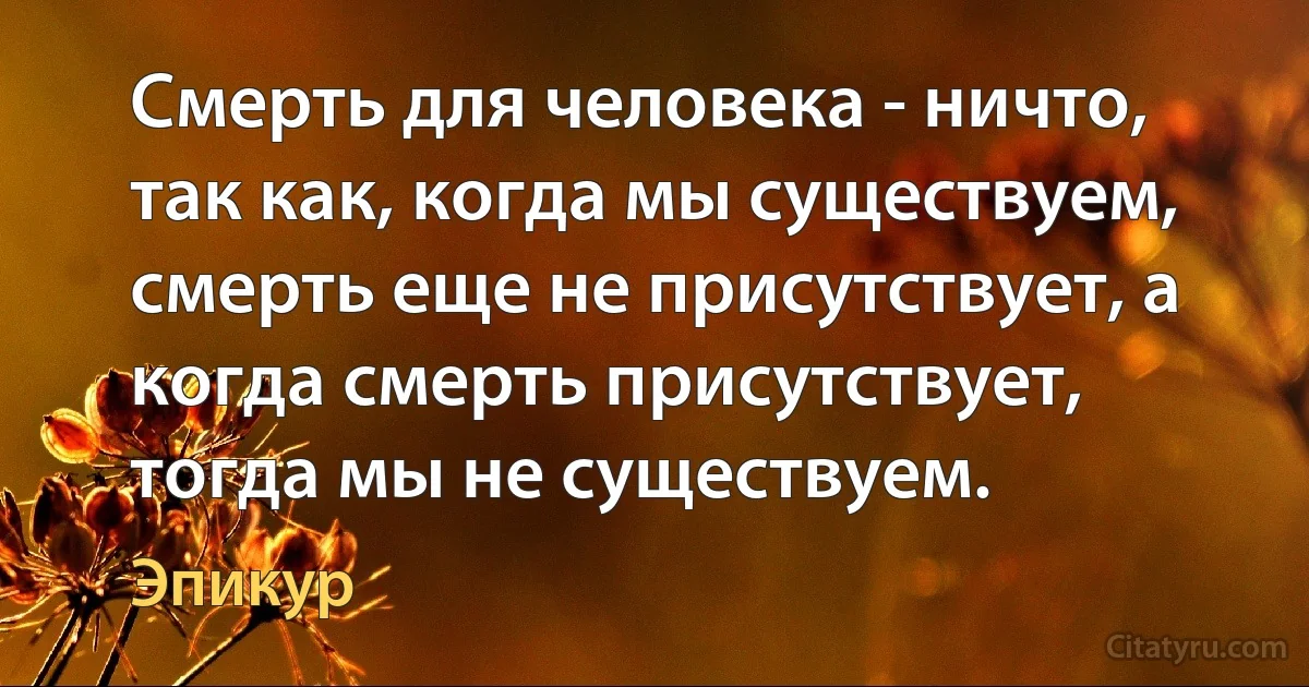 Смерть для человека - ничто, так как, когда мы существуем, смерть еще не присутствует, а когда смерть присутствует, тогда мы не существуем. (Эпикур)