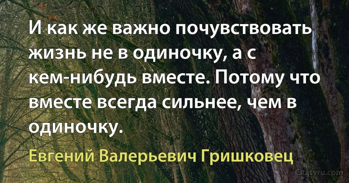 И как же важно почувствовать жизнь не в одиночку, а с кем-нибудь вместе. Потому что вместе всегда сильнее, чем в одиночку. (Евгений Валерьевич Гришковец)