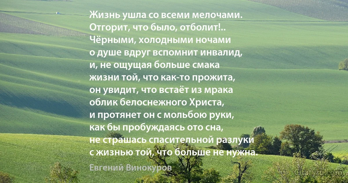 Жизнь ушла со всеми мелочами.
Отгорит, что было, отболит!..
Чёрными, холодными ночами
о душе вдруг вспомнит инвалид,
и, не ощущая больше смака
жизни той, что как-то прожита,
он увидит, что встаёт из мрака
облик белоснежного Христа,
и протянет он с мольбою руки,
как бы пробуждаясь ото сна,
не страшась спасительной разлуки
с жизнью той, что больше не нужна. (Евгений Винокуров)