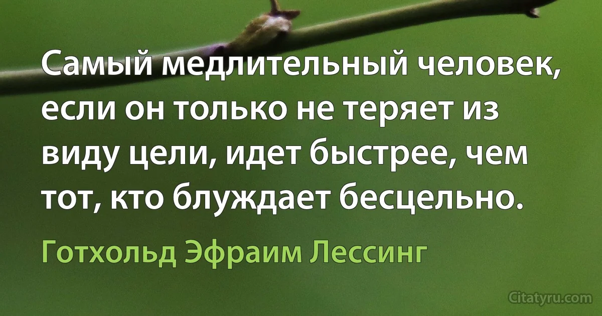 Самый медлительный человек, если он только не теряет из виду цели, идет быстрее, чем тот, кто блуждает бесцельно. (Готхольд Эфраим Лессинг)