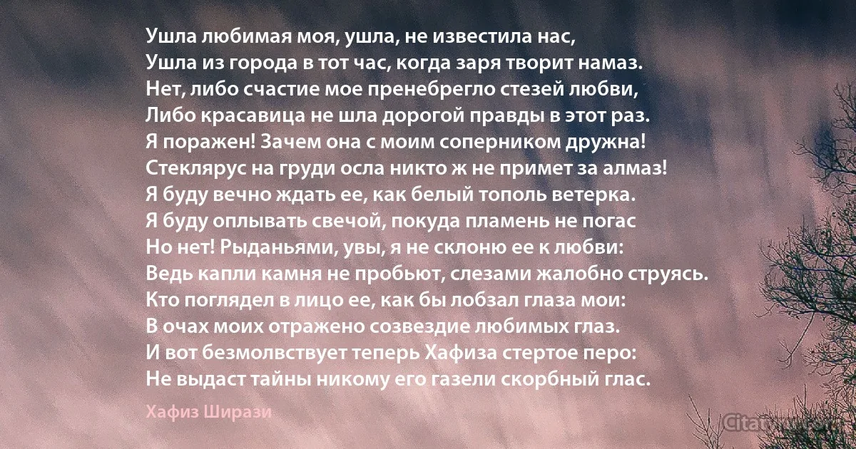 Ушла любимая моя, ушла, не известила нас,
Ушла из города в тот час, когда заря творит намаз.
Нет, либо счастие мое пренебрегло стезей любви,
Либо красавица не шла дорогой правды в этот раз.
Я поражен! Зачем она с моим соперником дружна!
Стеклярус на груди осла никто ж не примет за алмаз!
Я буду вечно ждать ее, как белый тополь ветерка.
Я буду оплывать свечой, покуда пламень не погас
Но нет! Рыданьями, увы, я не склоню ее к любви:
Ведь капли камня не пробьют, слезами жалобно струясь.
Кто поглядел в лицо ее, как бы лобзал глаза мои:
В очах моих отражено созвездие любимых глаз.
И вот безмолвствует теперь Хафиза стертое перо:
Не выдаст тайны никому его газели скорбный глас. (Хафиз Ширази)