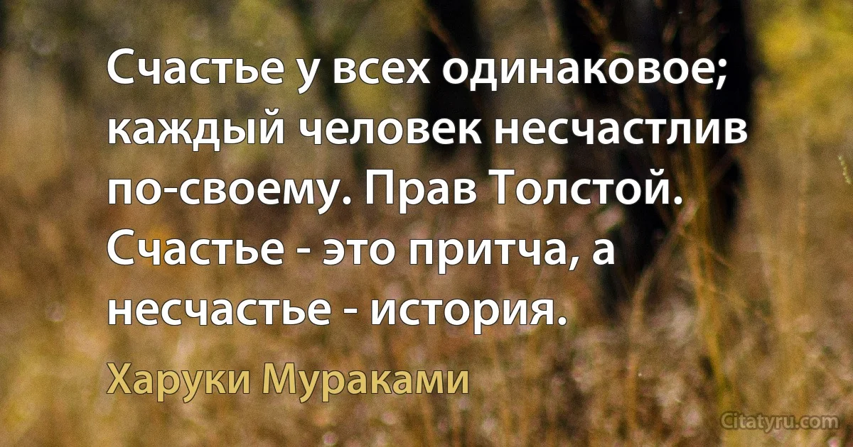 Счастье у всех одинаковое; каждый человек несчастлив по-своему. Прав Толстой. Счастье - это притча, а несчастье - история. (Харуки Мураками)