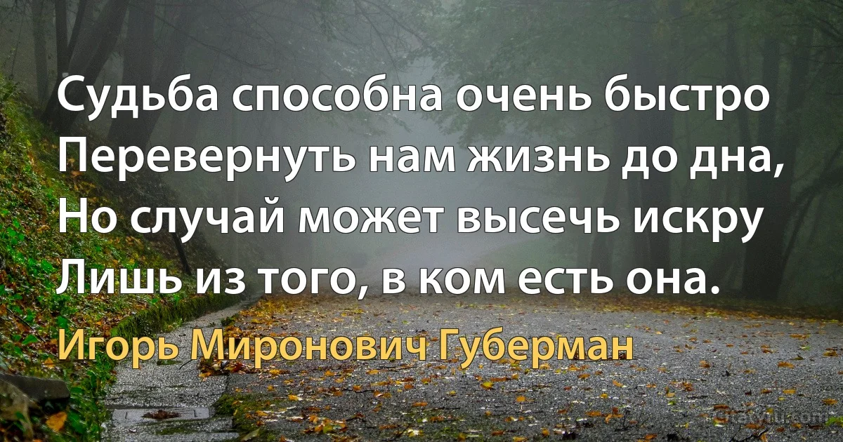 Судьба способна очень быстро
Перевернуть нам жизнь до дна,
Но случай может высечь искру
Лишь из того, в ком есть она. (Игорь Миронович Губерман)