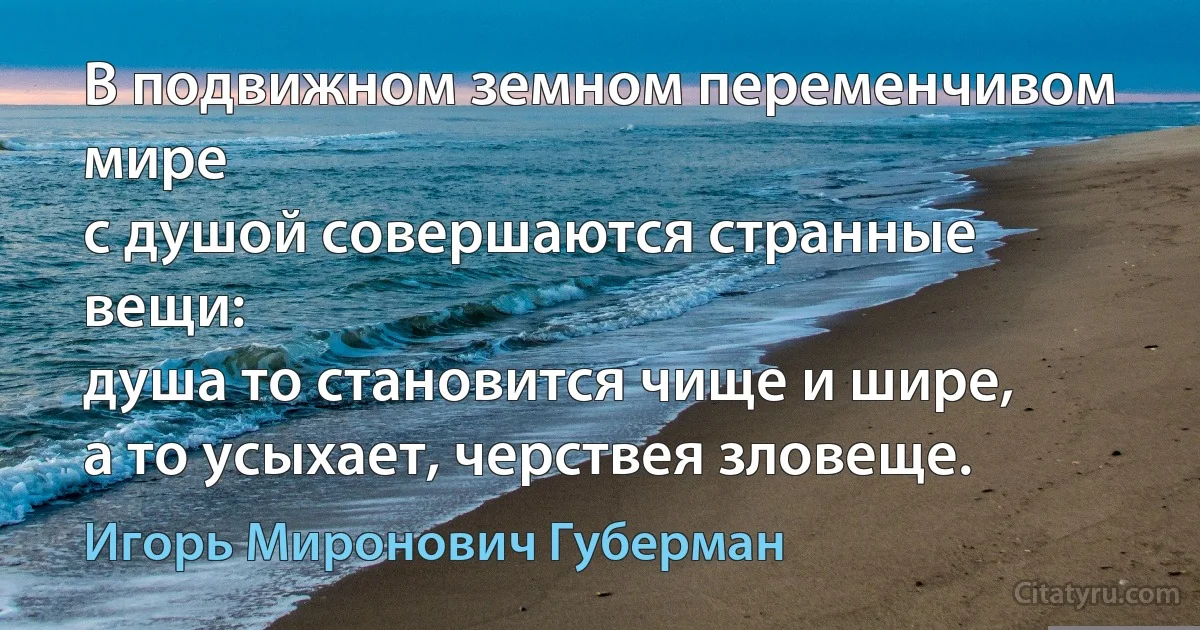 В подвижном земном переменчивом мире
с душой совершаются странные вещи:
душа то становится чище и шире,
а то усыхает, черствея зловеще. (Игорь Миронович Губерман)