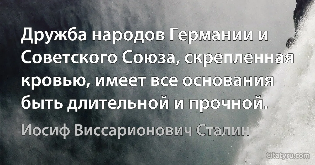 Дружба народов Германии и Советского Союза, скрепленная кровью, имеет все основания быть длительной и прочной. (Иосиф Виссарионович Сталин)