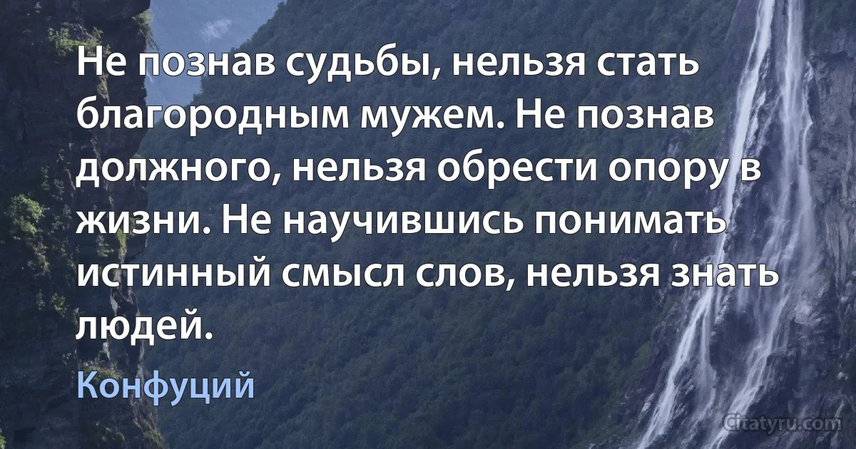 Не познав судьбы, нельзя стать благородным мужем. Не познав должного, нельзя обрести опору в жизни. Не научившись понимать истинный смысл слов, нельзя знать людей. (Конфуций)