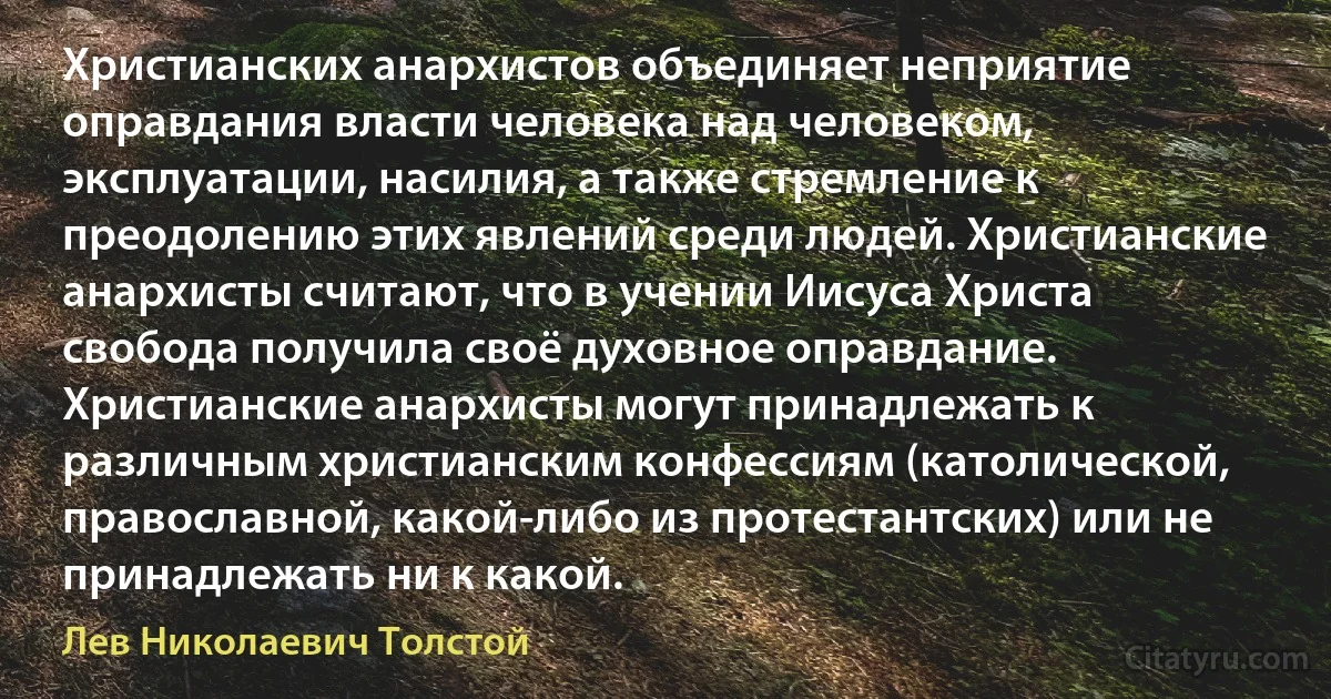 Христианских анархистов объединяет неприятие оправдания власти человека над человеком, эксплуатации, насилия, а также стремление к преодолению этих явлений среди людей. Христианские анархисты считают, что в учении Иисуса Христа свобода получила своё духовное оправдание. Христианские анархисты могут принадлежать к различным христианским конфессиям (католической, православной, какой-либо из протестантских) или не принадлежать ни к какой. (Лев Николаевич Толстой)