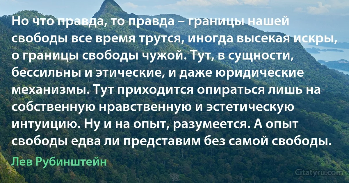 Но что правда, то правда – границы нашей свободы все время трутся, иногда высекая искры, о границы свободы чужой. Тут, в сущности, бессильны и этические, и даже юридические механизмы. Тут приходится опираться лишь на собственную нравственную и эстетическую интуицию. Ну и на опыт, разумеется. А опыт свободы едва ли представим без самой свободы. (Лев Рубинштейн)