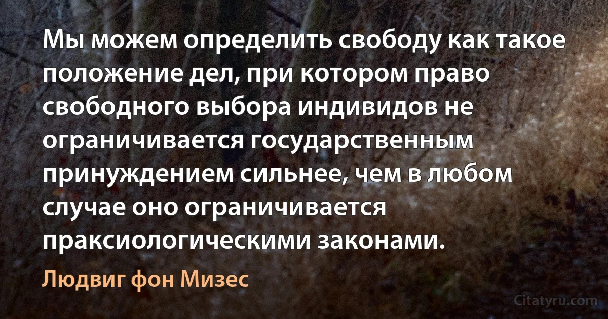 Мы можем определить свободу как такое положение дел, при котором право свободного выбора индивидов не ограничивается государственным принуждением сильнее, чем в любом случае оно ограничивается праксиологическими законами. (Людвиг фон Мизес)