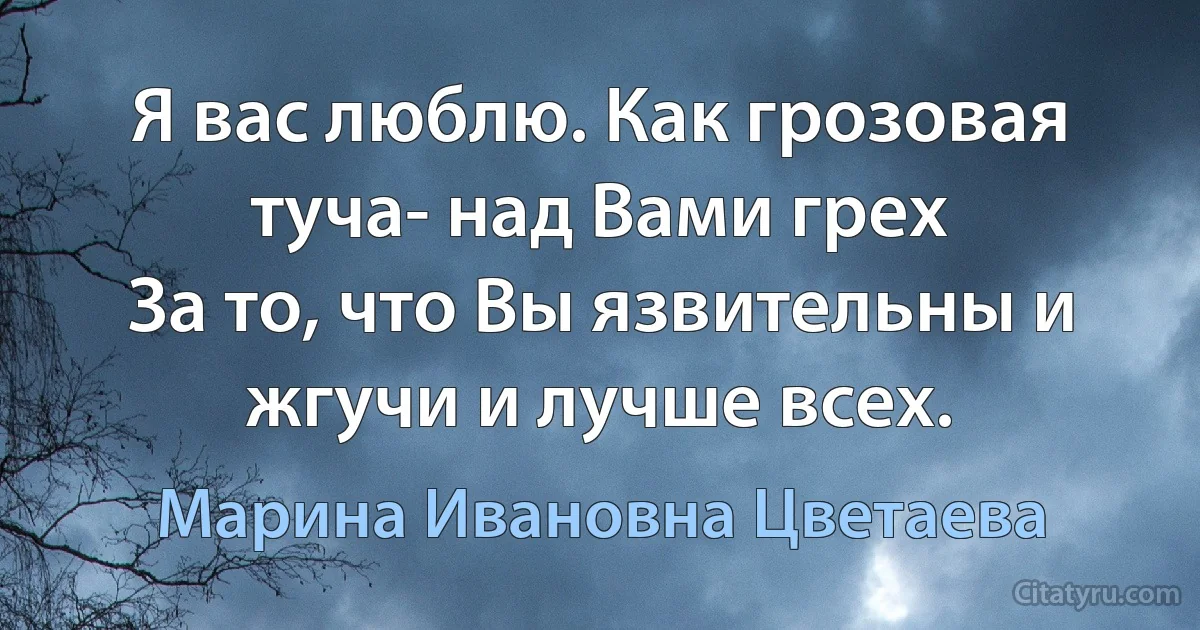 Я вас люблю. Как грозовая туча- над Вами грех 
За то, что Вы язвительны и жгучи и лучше всех. (Марина Ивановна Цветаева)