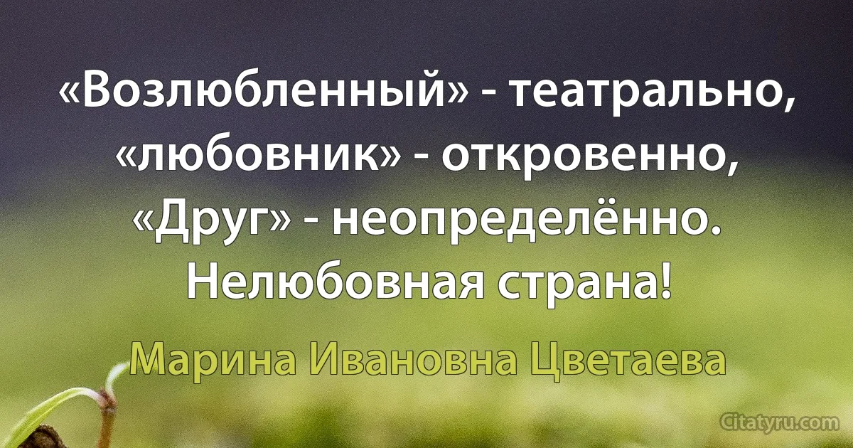 «Возлюбленный» - театрально, «любовник» - откровенно, «Друг» - неопределённо. Нелюбовная страна! (Марина Ивановна Цветаева)