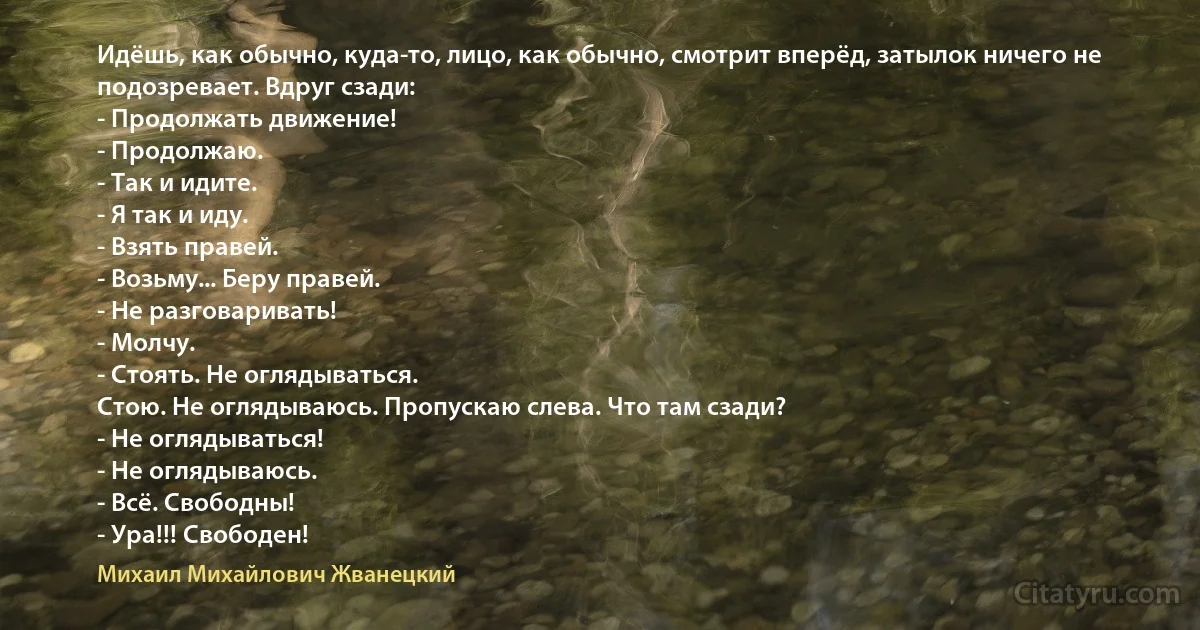 Идёшь, как обычно, куда-то, лицо, как обычно, смотрит вперёд, затылок ничего не подозревает. Вдруг сзади:
- Продолжать движение!
- Продолжаю.
- Так и идите.
- Я так и иду.
- Взять правей.
- Возьму... Беру правей.
- Не разговаривать!
- Молчу.
- Стоять. Не оглядываться.
Стою. Не оглядываюсь. Пропускаю слева. Что там сзади?
- Не оглядываться!
- Не оглядываюсь.
- Всё. Свободны!
- Ура!!! Свободен! (Михаил Михайлович Жванецкий)