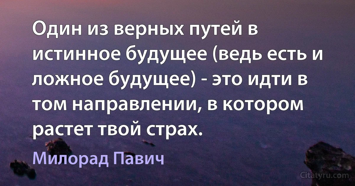 Один из верных путей в истинное будущее (ведь есть и ложное будущее) - это идти в том направлении, в котором растет твой страх. (Милорад Павич)