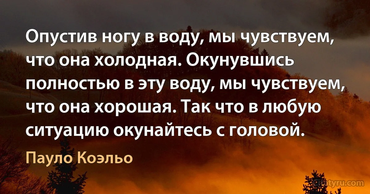 Опустив ногу в воду, мы чувствуем, что она холодная. Окунувшись полностью в эту воду, мы чувствуем, что она хорошая. Так что в любую ситуацию окунайтесь с головой. (Пауло Коэльо)