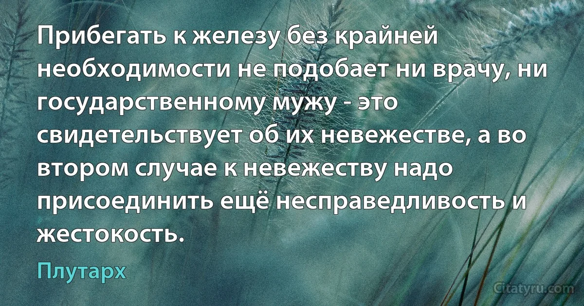 Прибегать к железу без крайней необходимости не подобает ни врачу, ни государственному мужу - это свидетельствует об их невежестве, а во втором случае к невежеству надо присоединить ещё несправедливость и жестокость. (Плутарх)