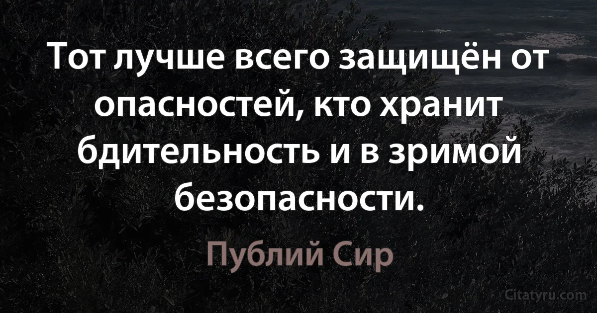 Тот лучше всего защищён от опасностей, кто хранит бдительность и в зримой безопасности. (Публий Сир)