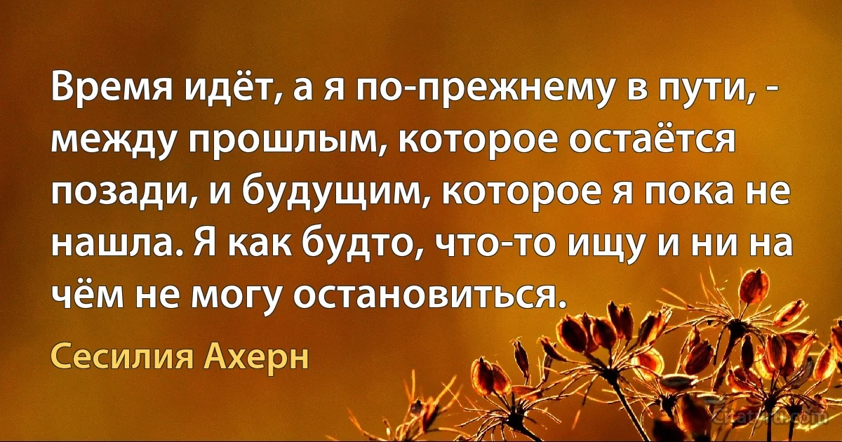 Время идёт, а я по-прежнему в пути, - между прошлым, которое остаётся позади, и будущим, которое я пока не нашла. Я как будто, что-то ищу и ни на чём не могу остановиться. (Сесилия Ахерн)