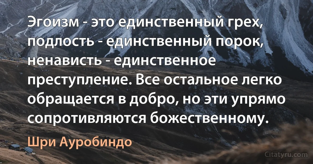 Эгоизм - это единственный грех, подлость - единственный порок, ненависть - единственное преступление. Все остальное легко обращается в добро, но эти упрямо сопротивляются божественному. (Шри Ауробиндо)