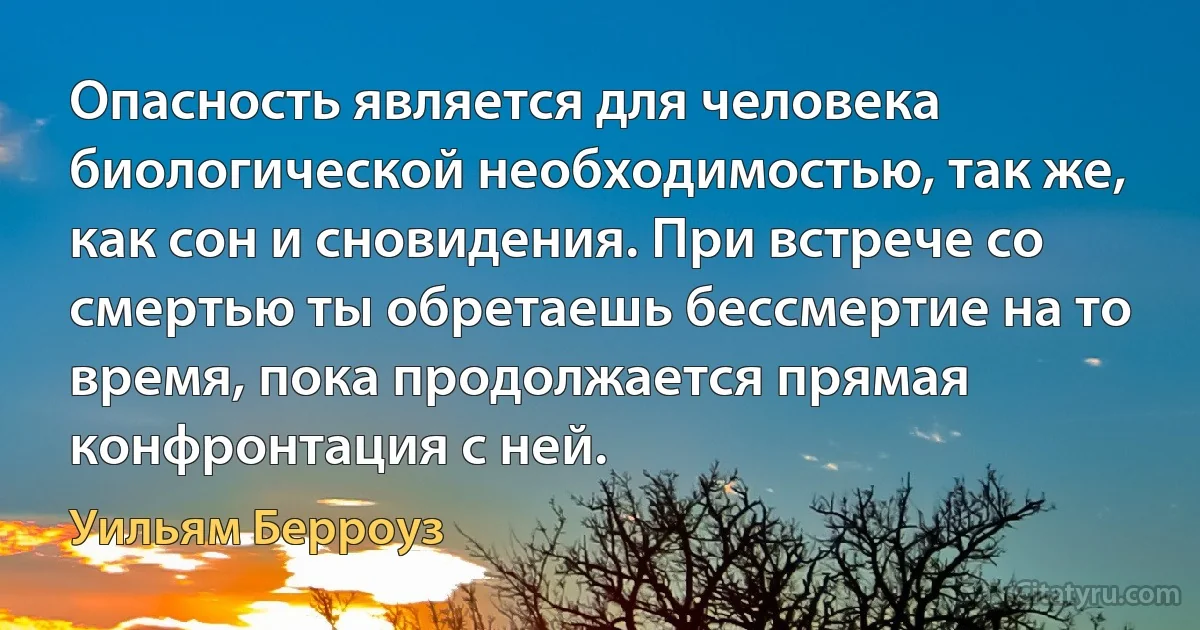 Опасность является для человека биологической необходимостью, так же, как сон и сновидения. При встрече со смертью ты обретаешь бессмертие на то время, пока продолжается прямая конфронтация с ней. (Уильям Берроуз)