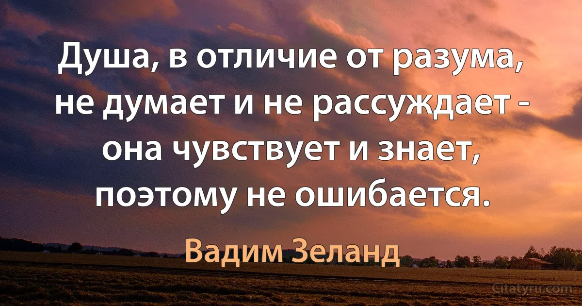 Душа, в отличие от разума, не думает и не рассуждает - она чувствует и знает, поэтому не ошибается. (Вадим Зеланд)