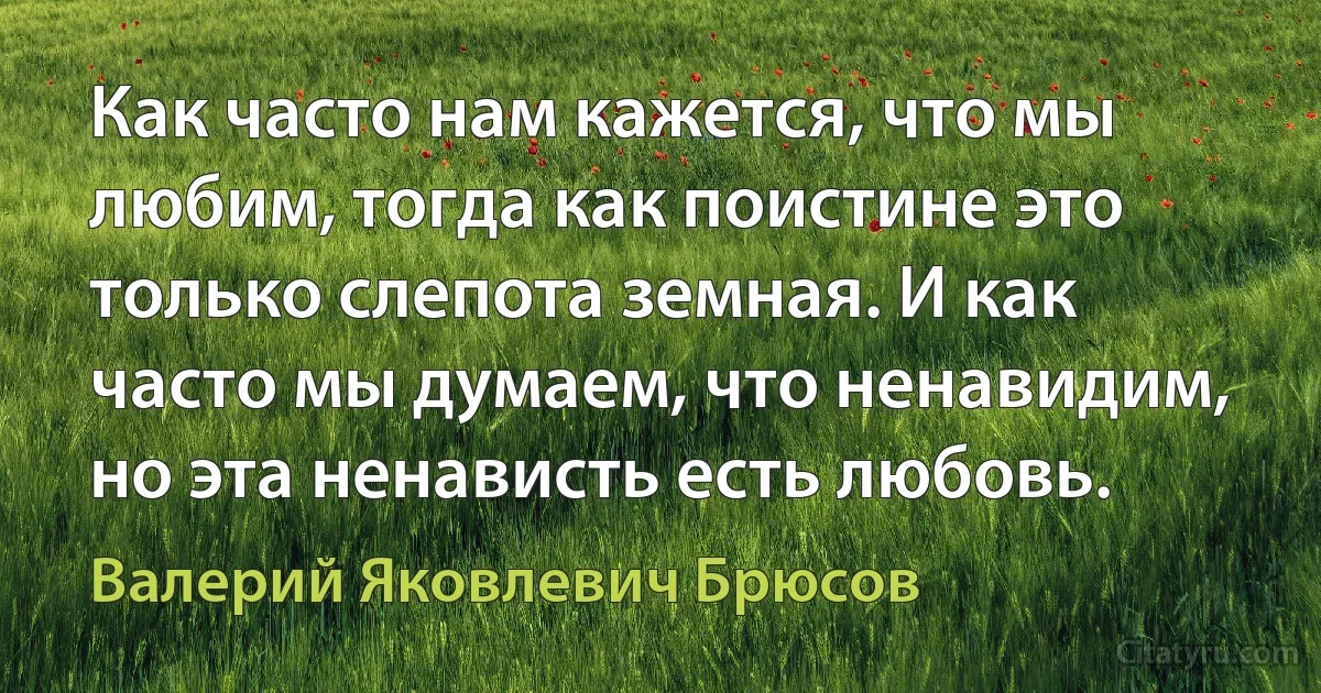 Как часто нам кажется, что мы любим, тогда как поистине это только слепота земная. И как часто мы думаем, что ненавидим, но эта ненависть есть любовь. (Валерий Яковлевич Брюсов)