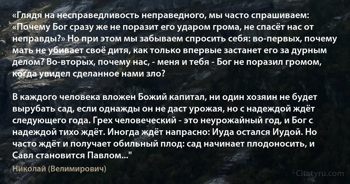 «Глядя на несправедливость неправедного, мы часто спрашиваем: «Почему Бог сразу же не поразит его ударом грома, не спасёт нас от неправды?» Но при этом мы забываем спросить себя: во-первых, почему мать не убивает своё дитя, как только впервые застанет его за дурным делом? Во-вторых, почему нас, - меня и тебя - Бог не поразил громом, когда увидел сделанное нами зло?

В каждого человека вложен Божий капитал, ни один хозяин не будет вырубать сад, если однажды он не даст урожая, но с надеждой ждёт следующего года. Грех человеческий - это неурожайный год, и Бог с надеждой тихо ждёт. Иногда ждёт напрасно: Иуда остался Иудой. Но часто ждёт и получает обильный плод: сад начинает плодоносить, и Савл становится Павлом..." (Николай (Велимирович))