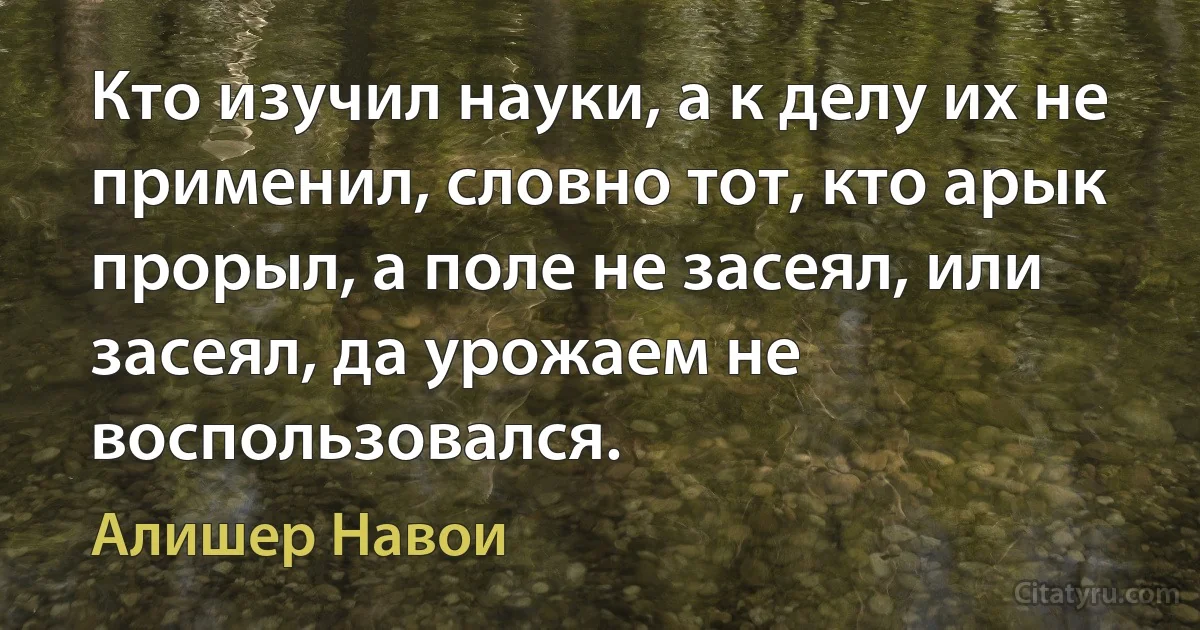 Кто изучил науки, а к делу их не применил, словно тот, кто арык прорыл, а поле не засеял, или засеял, да урожаем не воспользовался. (Алишер Навои)