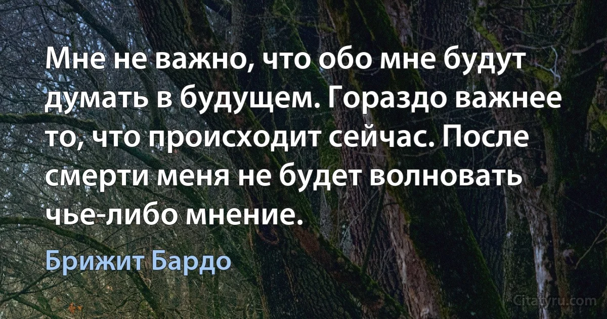 Мне не важно, что обо мне будут думать в будущем. Гораздо важнее то, что происходит сейчас. После смерти меня не будет волновать чье-либо мнение. (Брижит Бардо)