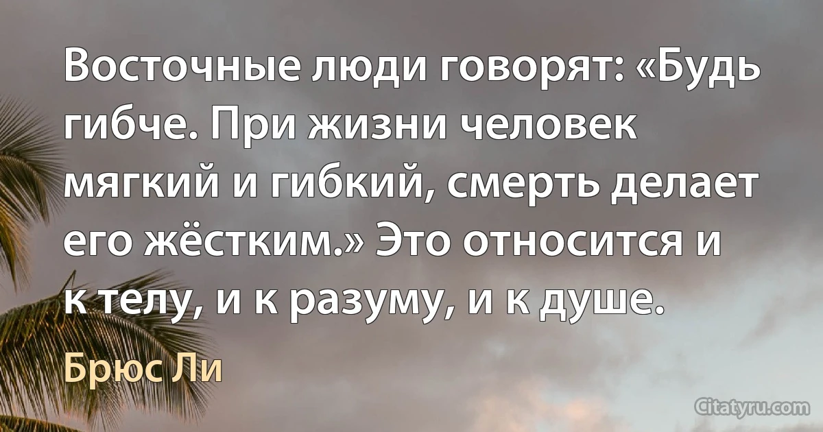 Восточные люди говорят: «Будь гибче. При жизни человек мягкий и гибкий, смерть делает его жёстким.» Это относится и к телу, и к разуму, и к душе. (Брюс Ли)