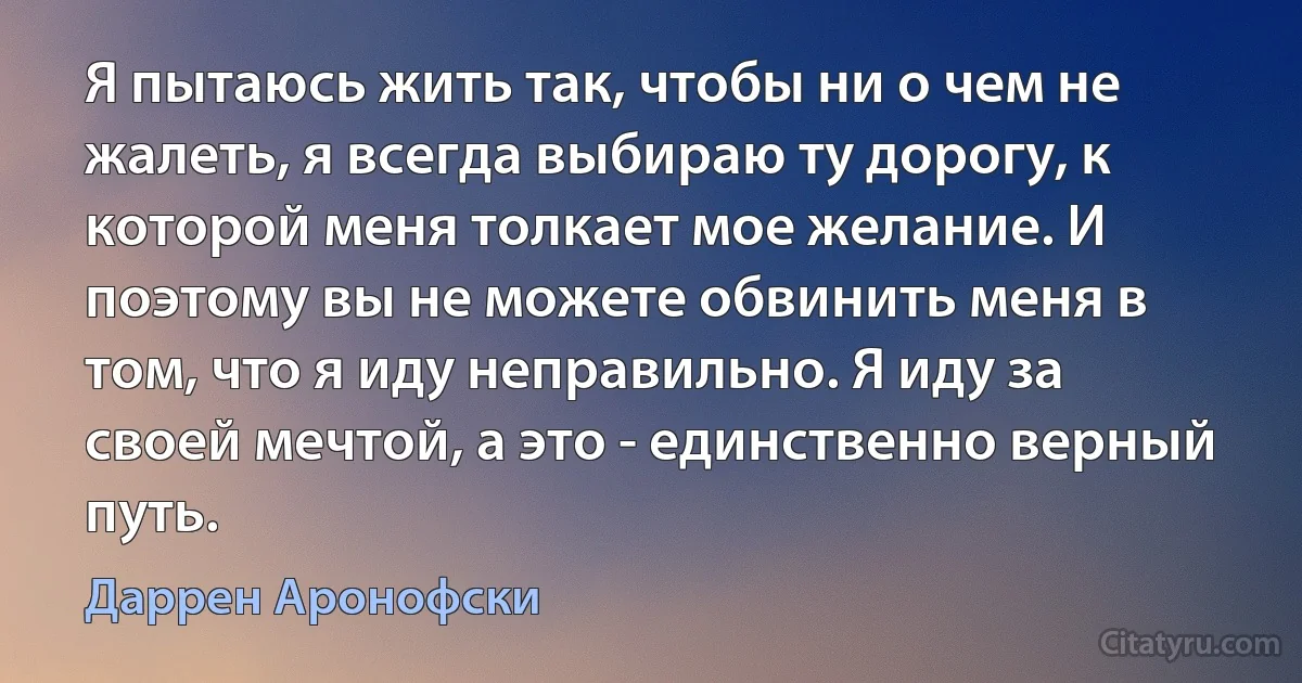 Я пытаюсь жить так, чтобы ни о чем не жалеть, я всегда выбираю ту дорогу, к которой меня толкает мое желание. И поэтому вы не можете обвинить меня в том, что я иду неправильно. Я иду за своей мечтой, а это - единственно верный путь. (Даррен Аронофски)