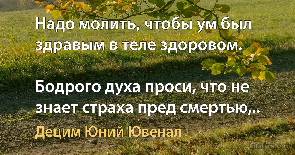 Надо молить, чтобы ум был здравым в теле здоровом.

Бодрого духа проси, что не знает страха пред смертью,.. (Децим Юний Ювенал)