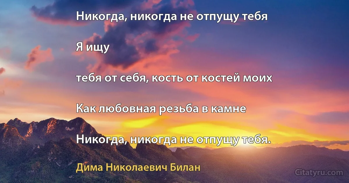 Никогда, никогда не отпущу тебя

Я ищу

тебя от себя, кость от костей моих

Как любовная резьба в камне

Никогда, никогда не отпущу тебя. (Дима Николаевич Билан)