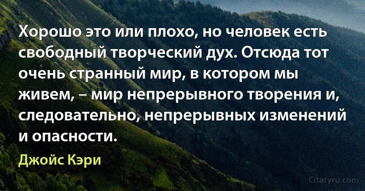 Хорошо это или плохо, но человек есть свободный творческий дух. Отсюда тот очень странный мир, в котором мы живем, – мир непрерывного творения и, следовательно, непрерывных изменений и опасности. (Джойс Кэри)