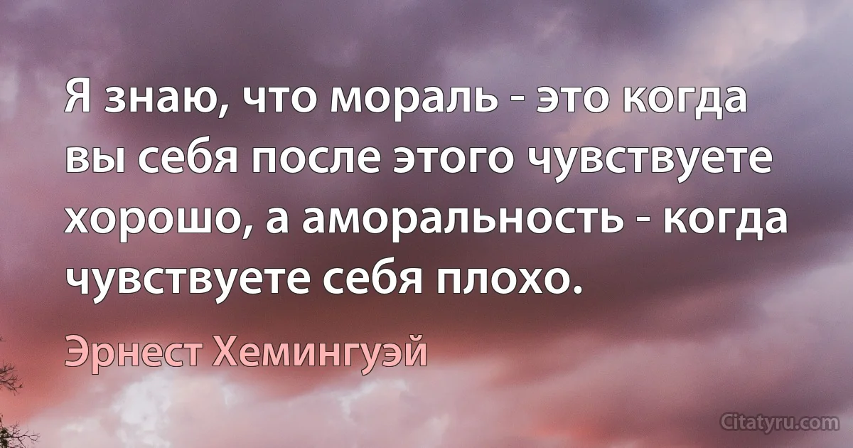 Я знаю, что мораль - это когда вы себя после этого чувствуете хорошо, а аморальность - когда чувствуете себя плохо. (Эрнест Хемингуэй)