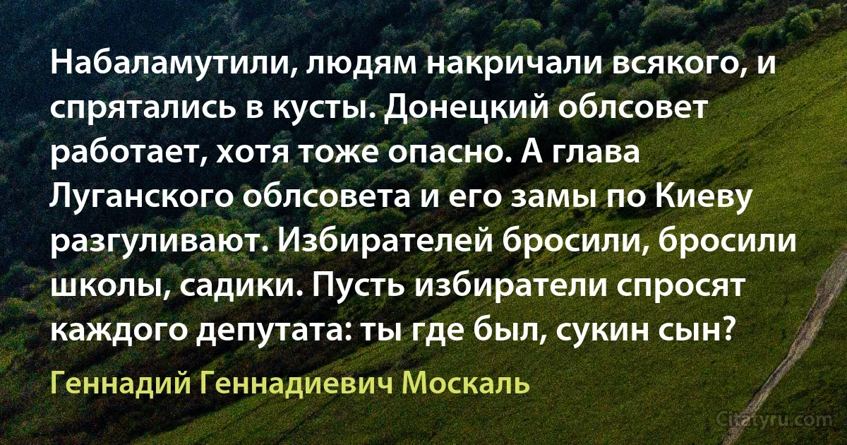 Набаламутили, людям накричали всякого, и спрятались в кусты. Донецкий облсовет работает, хотя тоже опасно. А глава Луганского облсовета и его замы по Киеву разгуливают. Избирателей бросили, бросили школы, садики. Пусть избиратели спросят каждого депутата: ты где был, сукин сын? (Геннадий Геннадиевич Москаль)