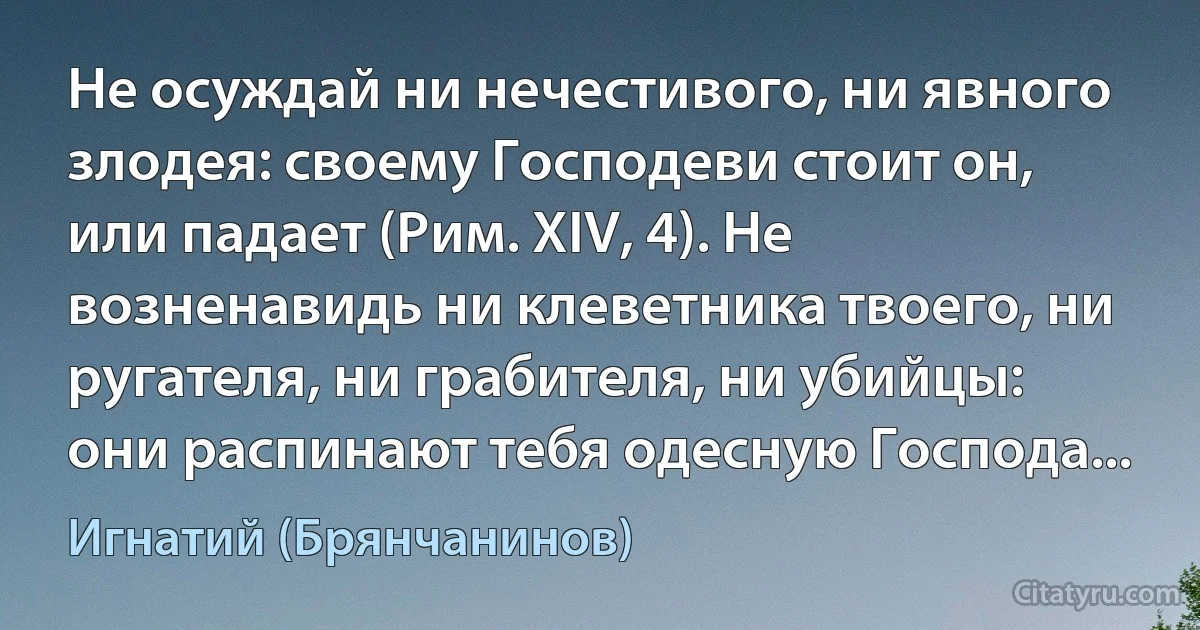 Не осуждай ни нечестивого, ни явного злодея: своему Господеви стоит он, или падает (Рим. XIV, 4). Не возненавидь ни клеветника твоего, ни ругателя, ни грабителя, ни убийцы: они распинают тебя одесную Господа... (Игнатий (Брянчанинов))