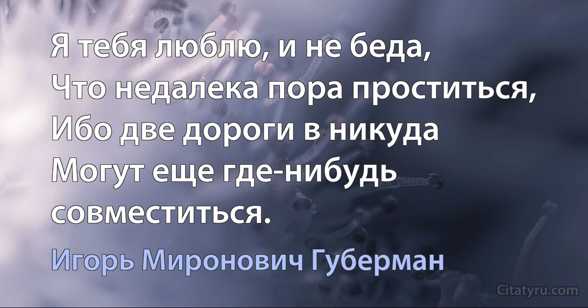 Я тебя люблю, и не беда,
Что недалека пора проститься,
Ибо две дороги в никуда
Могут еще где-нибудь совместиться. (Игорь Миронович Губерман)