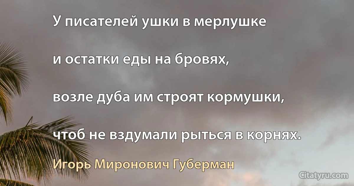 У писателей ушки в мерлушке

и остатки еды на бровях,

возле дуба им строят кормушки,

чтоб не вздумали рыться в корнях. (Игорь Миронович Губерман)