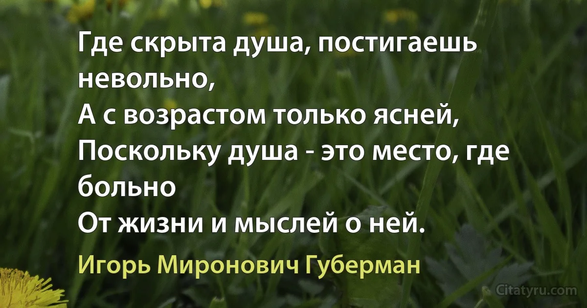 Где скрыта душа, постигаешь невольно,
А с возрастом только ясней,
Поскольку душа - это место, где больно
От жизни и мыслей о ней. (Игорь Миронович Губерман)