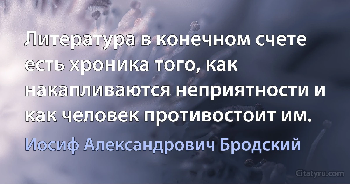 Литература в конечном счете есть хроника того, как накапливаются неприятности и как человек противостоит им. (Иосиф Александрович Бродский)