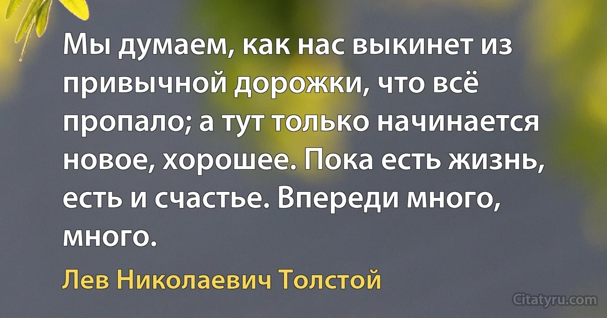 Мы думаем, как нас выкинет из привычной дорожки, что всё пропало; а тут только начинается новое, хорошее. Пока есть жизнь, есть и счастье. Впереди много, много. (Лев Николаевич Толстой)