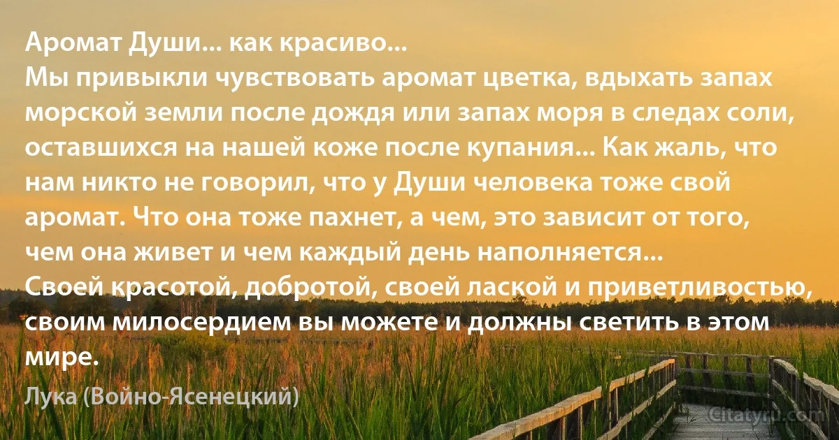 Аромат Души... как красиво...
Мы привыкли чувствовать аромат цветка, вдыхать запах морской земли после дождя или запах моря в следах соли, оставшихся на нашей коже после купания... Как жаль, что нам никто не говорил, что у Души человека тоже свой аромат. Что она тоже пахнет, а чем, это зависит от того, чем она живет и чем каждый день наполняется...
Своей красотой, добротой, своей лаской и приветливостью, своим милосердием вы можете и должны светить в этом мире. (Лука (Войно-Ясенецкий))